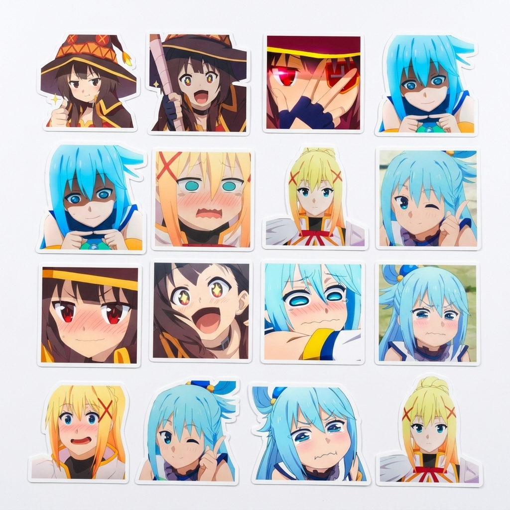 Set 40 Stickers Konosuba - Kazuma, Aqua, Megumin, Darkness y más | Envío Gratis