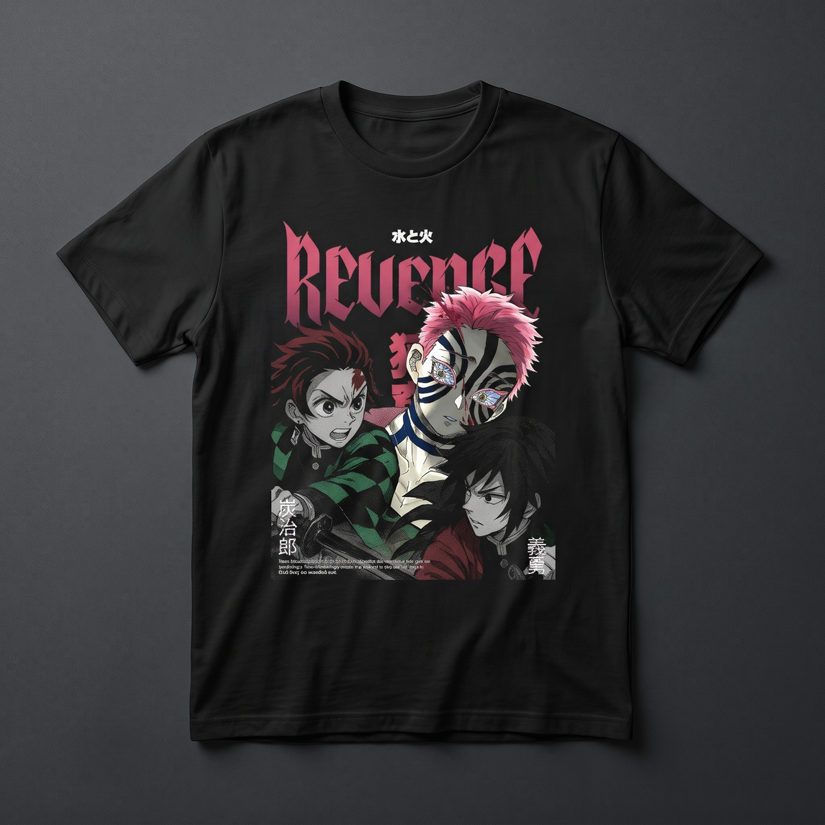 Playera negra KIRA CASES diseño Akaza, Tanjiro Kamado y Giyu Tomioka, Demon Slayer, corte regular
