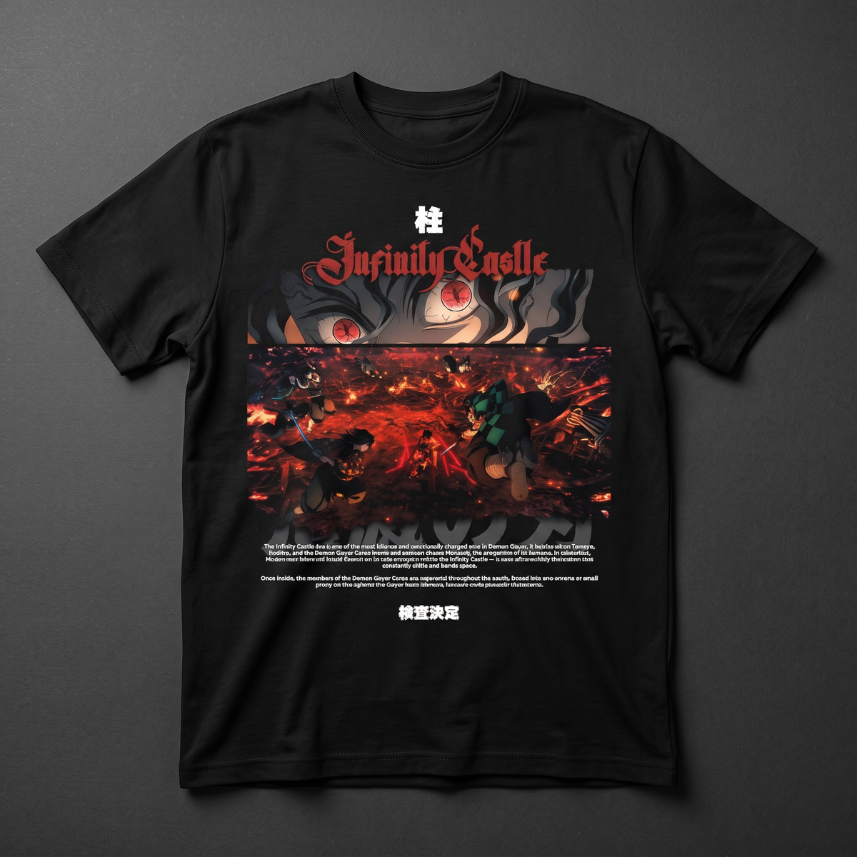 Playera negra KIRA CASES diseño la batalla del Castillo Infinito, Demon Slayer, corte regular